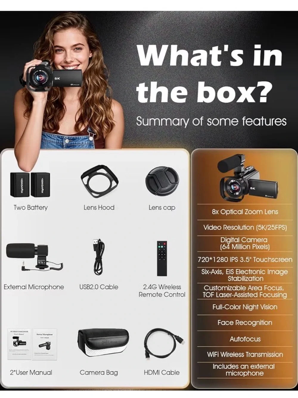 5K 8X Optical Camcorder with External Microphone - Black